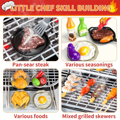 Kids BBQ Grill Playset Two-Tier with Toy Food Meats Fruits Spices & Working Water Tap for Grilling, Camping and Outdoor Meals