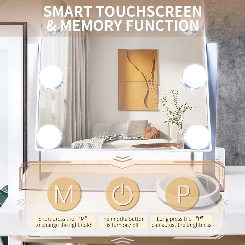 Makeup Mirror with Nine Bulb-Style LEDs, Three Light Colors, Touch Memory, 360° Rotation and Optional 5X Mirror