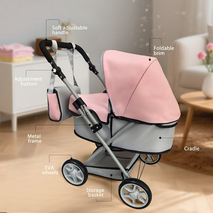 Foldable Doll Stroller with Adjustable Handle 39-68cm, Grey & Pink Baby Doll Pram for 16-20 Inch Dolls