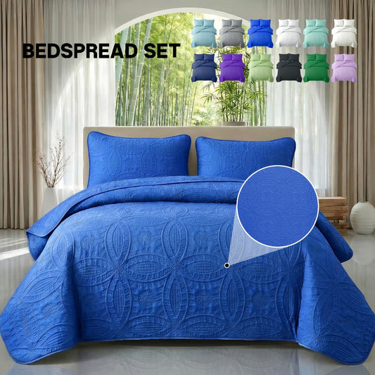 Coin-Pattern Quilted Coverlet Set with Pillowcases, Twin to King Sizes and Ten Color Choices