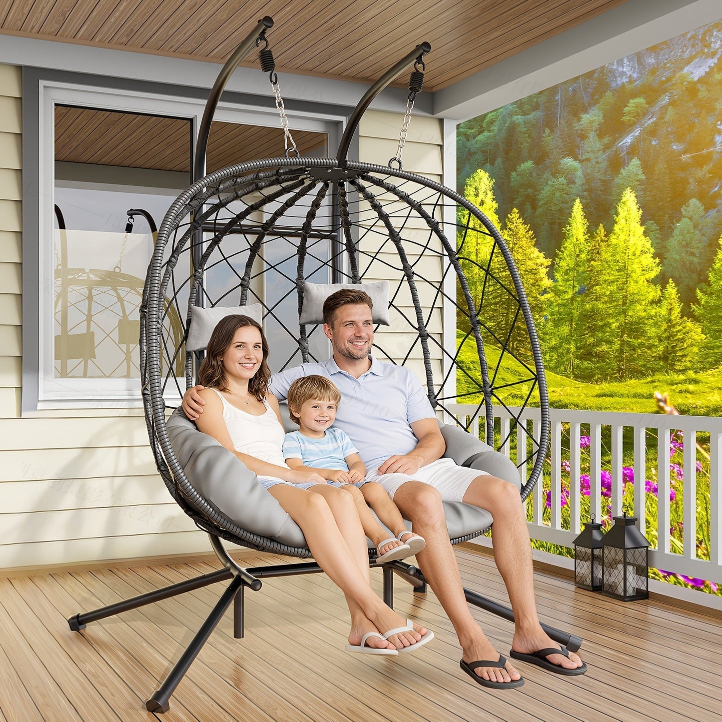 Outdoor Egg Chair with Stand Rattan Wicker Hanging Swing Hammock Chair Thickened Aluminum Frame UV-Resistant Cushion 350LBS Capacity Patio