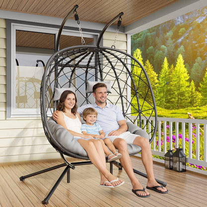 Outdoor Egg Chair with Stand Rattan Wicker Hanging Swing Hammock Chair Thickened Aluminum Frame UV-Resistant Cushion 350LBS Capacity Patio