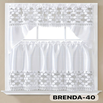 Kitchen Curtains 3 Piece Set Embroidered Satin Valance and Tiers – Rod Pocket Light Filtering Machine Washable 46 Colors