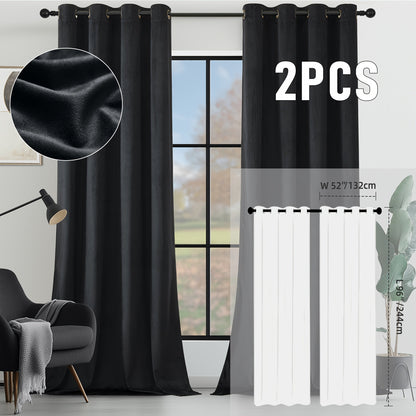 Velvet Room Darkening Curtains 2 Panels, Grommet Top Thermal Insulated Soundproof Blackout Curtains for Living Room Bedroom