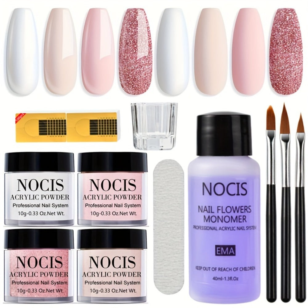 Acrylic Nail Kit NOCIS Four 10g Light Neutral Powders with Liquid Monomer, Three Brushes, File and Mixing Cup