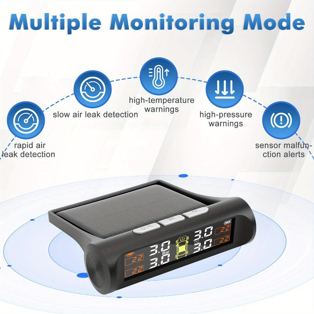 Solar TPMS Tire Pressure Monitoring System – Solar & USB Charging, 5 Alarm Modes, Color Display for 4-Wheel Vehicles