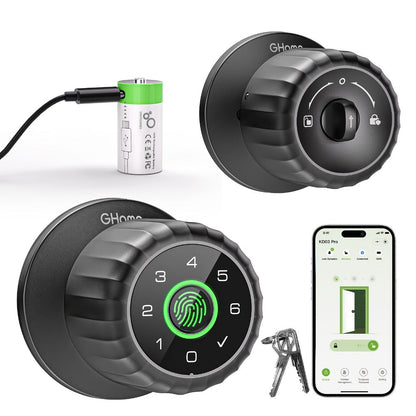 GHome KD03 PRO Smart Door Knob 4-in-1 with USB-C Charging & Gateway Remote – Fingerprint, Keypad & App, Anti-Peep, Tamper Alarm