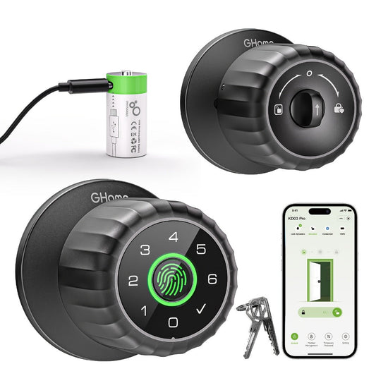 GHome KD03 PRO Smart Door Knob 4-in-1 with USB-C Charging & Gateway Remote – Fingerprint, Keypad & App, Anti-Peep, Tamper Alarm
