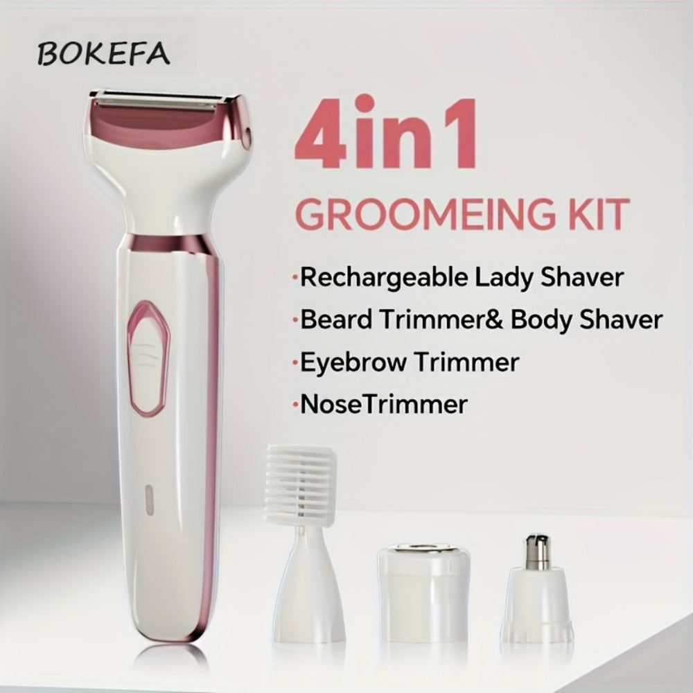 Women's Electric Razor 4-in-1 Grooming Kit Wet Dry Rechargeable Trimmer for Face Nose Legs for Everyday Face, Beard and Body Grooming