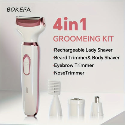 Women's Electric Razor 4-in-1 Grooming Kit Wet Dry Rechargeable Trimmer for Face Nose Legs for Everyday Face, Beard and Body Grooming