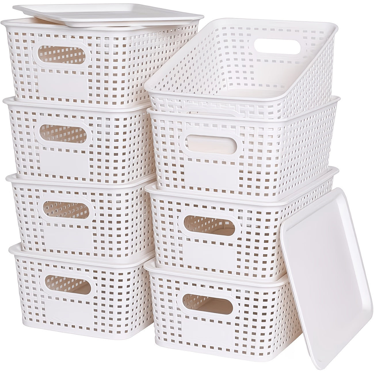 Shelf Storage Organizer Bins with Lids 4 or 8 Pack, Stackable 10 x 7 x 4 Inch Boxes in Four Colors