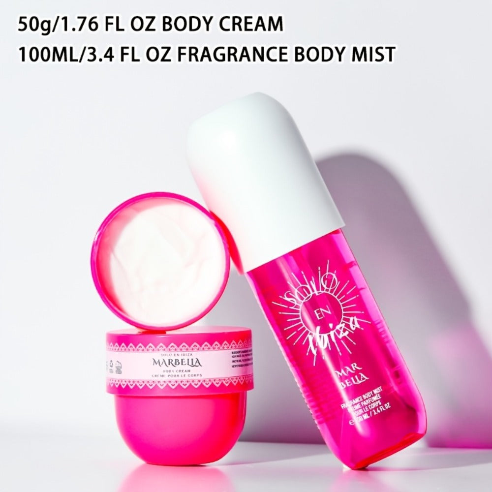 Body Hair Fragrance Mist Gift Set 2-Piece SOLO EN IBIZA Perfume Mist Body Cream Vanilla Fruit for Bath Time, Home Spa and Personal Care