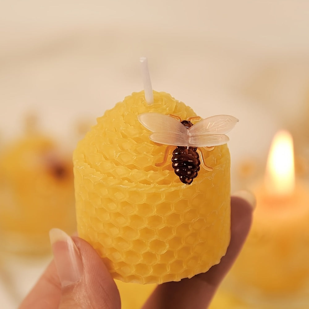 Beeswax Candles Set – Natural Pure Beeswax Votive Candles with Bee Decorations, Handcrafted from Beekeepers