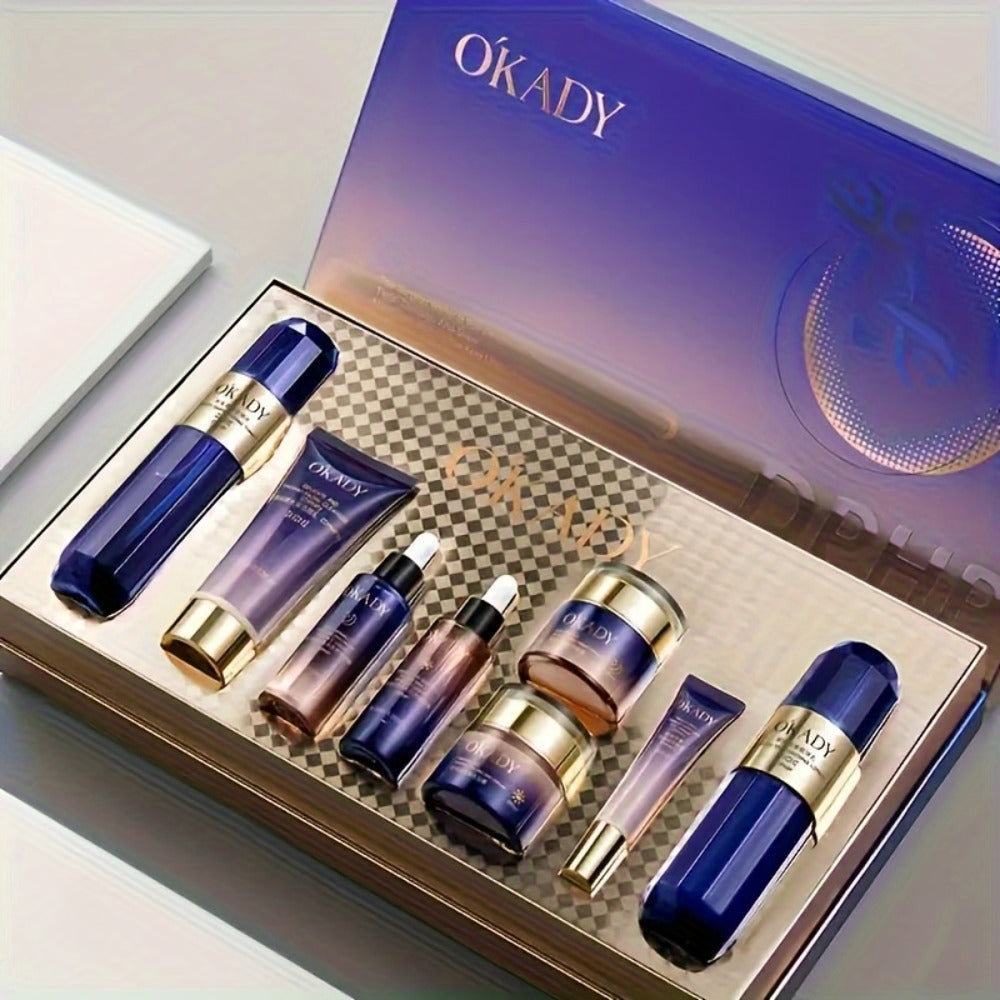 Skincare Set with OKADY Label, 8 Collagen and Hyaluronic Acid Product Items in Blue Gold Gift Box
