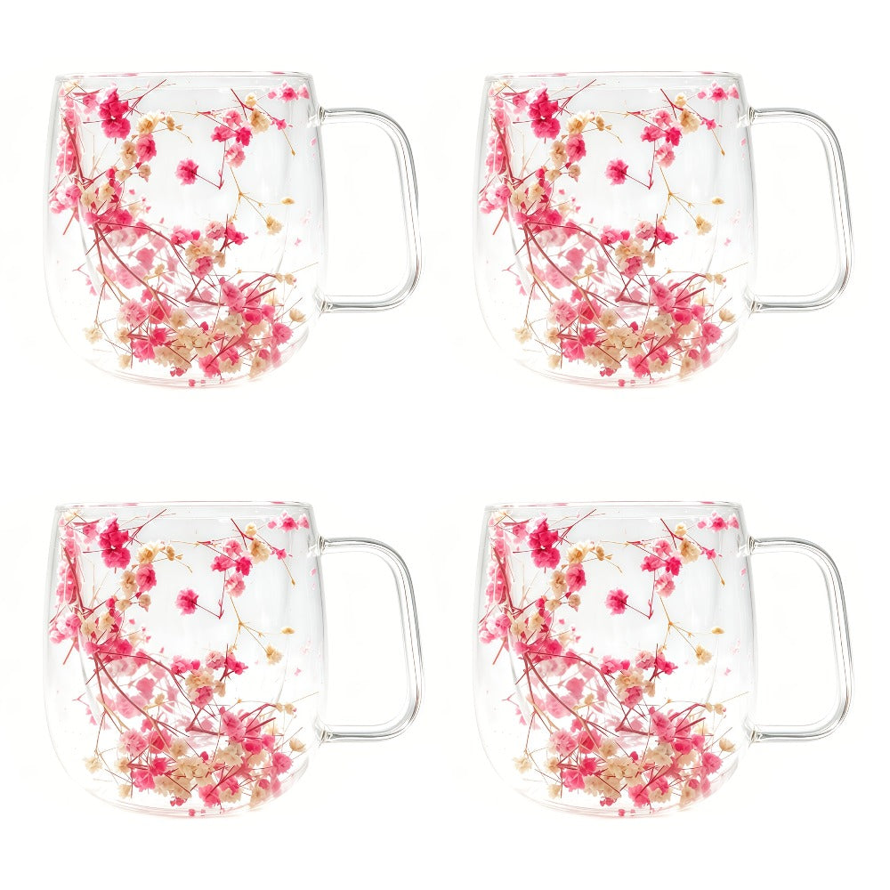 Double Wall Glass Coffee Cups with Handle Set of 4 – Borosilicate Thermal Mugs for Latte Cappuccino Tea | Dried Flower & Petal Design