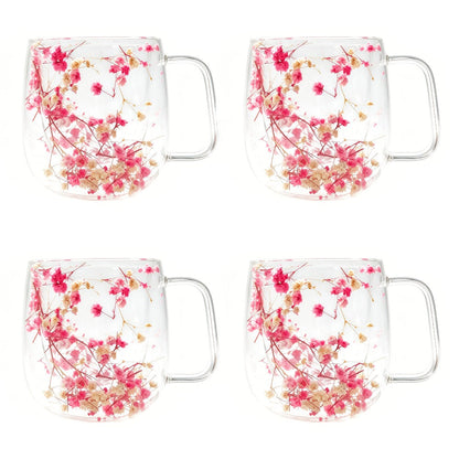 Double Wall Glass Coffee Cups with Handle Set of 4 – Borosilicate Thermal Mugs for Latte Cappuccino Tea | Dried Flower & Petal Design