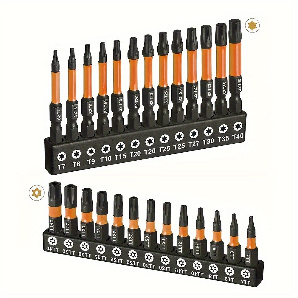 Impact Torx Bit Set 26pcs T7-T40 S2 Steel CNC Machined Tips Security Tamper-Proof Torx Bits 1" & 2" Lengths for Impact Drivers Drills Power