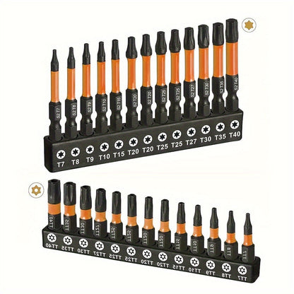 Impact Torx Bit Set 26pcs T7-T40 S2 Steel CNC Machined Tips Security Tamper-Proof Torx Bits 1" & 2" Lengths for Impact Drivers Drills Power
