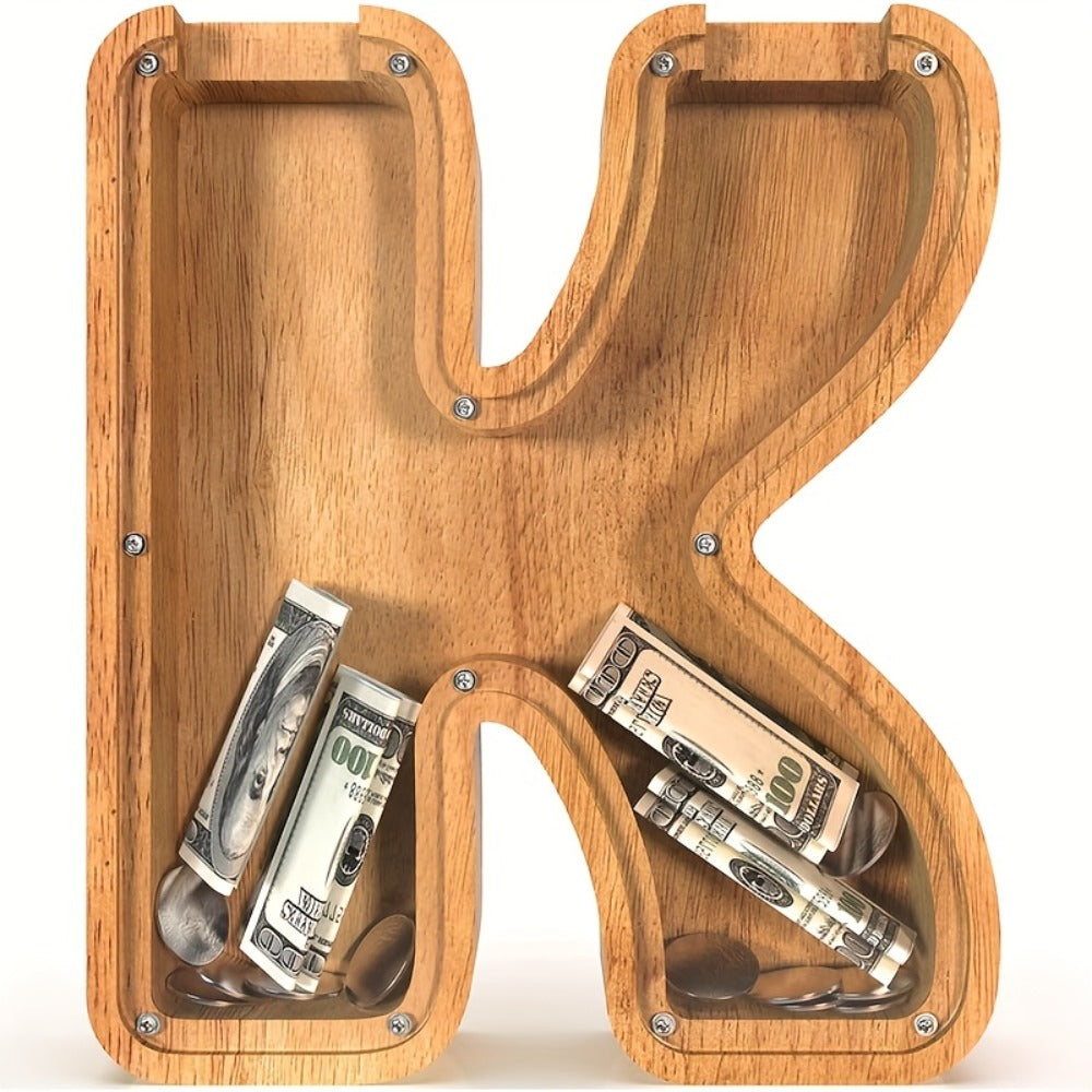 Wooden Letter Penny Bank – Alphabet Coin Bank Savings Box for Kids & Adults, Personalized Money Bank Birthday Gift
