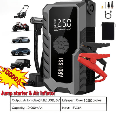 5-in-1 Jump Starter 5000A Peak – 10000mAh Power Bank, 150PSI Air Inflator, Type-C & LED Emergency Light for 12V Gas & Diesel Engines
