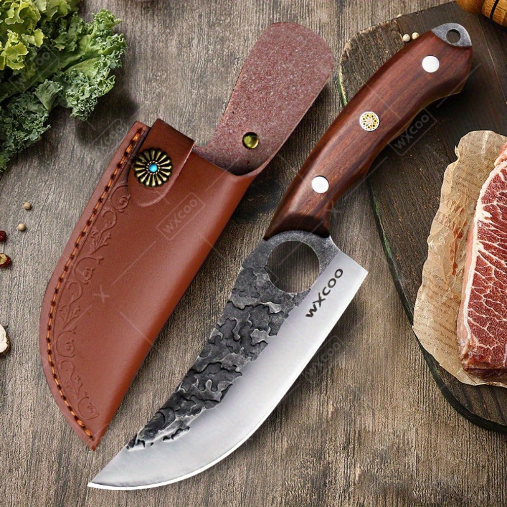 Viking Chef Knife Set 3/4pcs Hammered Stainless Steel Kitchen Knives – Boning, Utility & BBQ Knife with Wooden Handle for Cooking