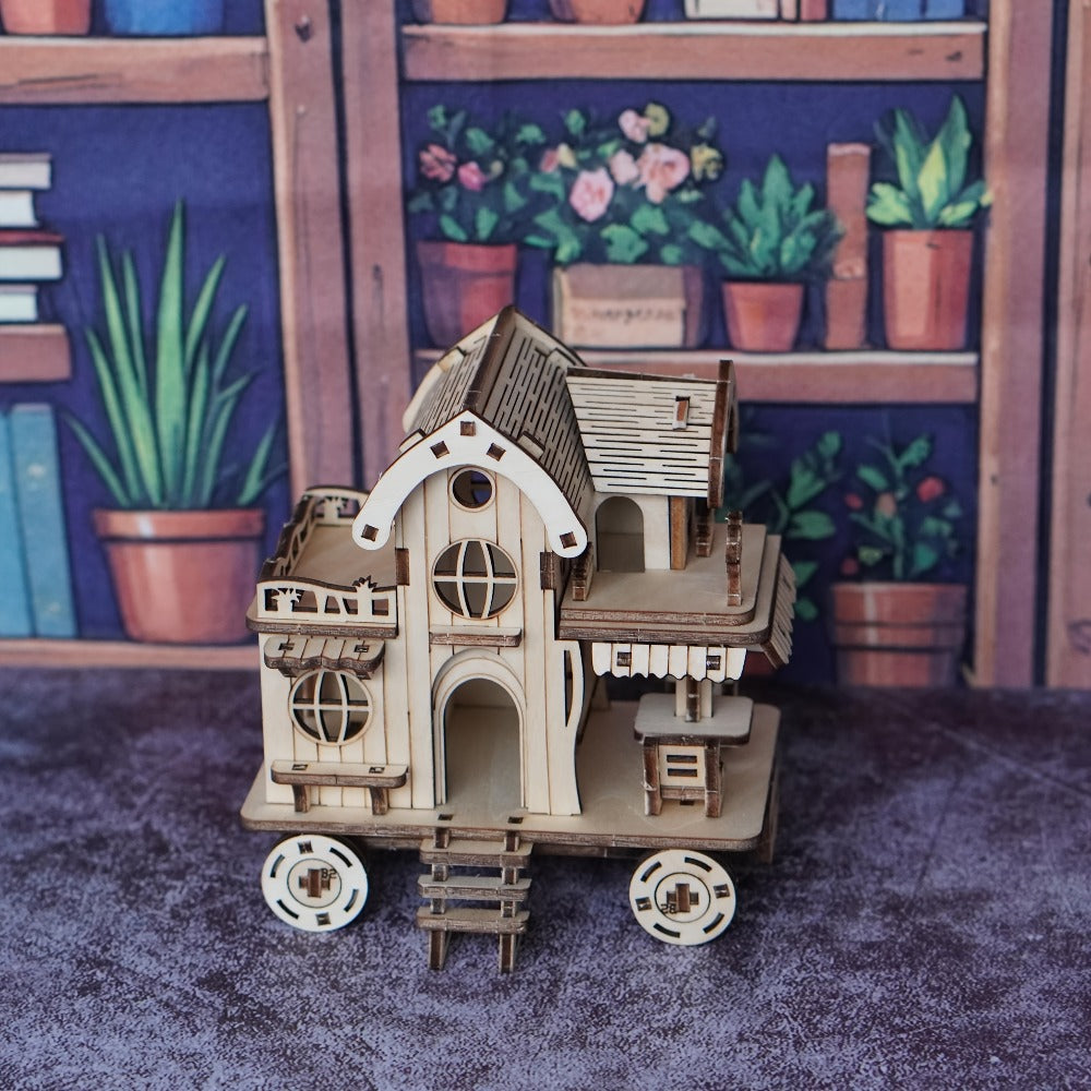3D Wooden Puzzle Mobile Home on Wheels – DIY Café Bar Model Kit, Handcrafted Miniature House Assembly, Unique Desk Decoration Gift