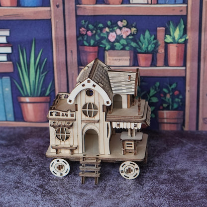 3D Wooden Puzzle Mobile Home on Wheels – DIY Café Bar Model Kit, Handcrafted Miniature House Assembly, Unique Desk Decoration Gift
