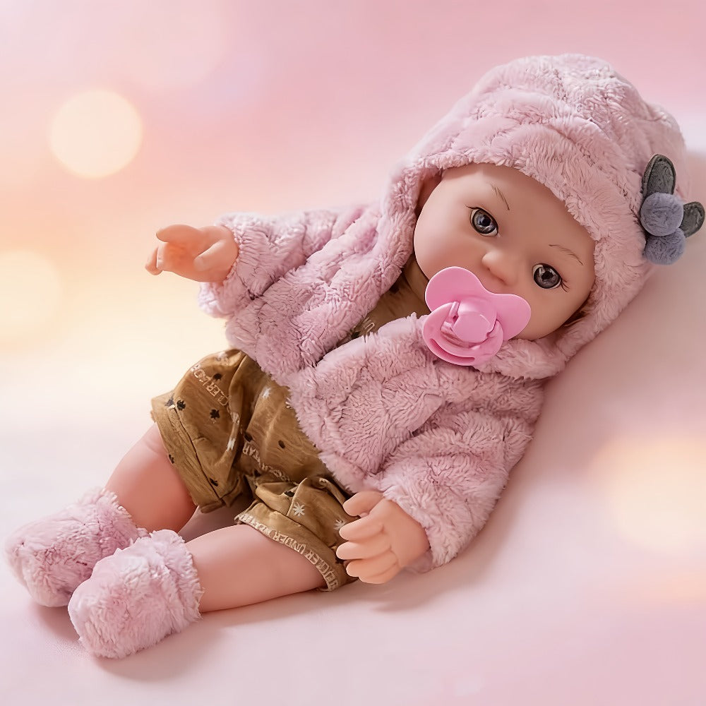 Pink Baby Doll with Open-Eye Face, Pacifier and Textured Outfit Across Three Checkout Style Labels