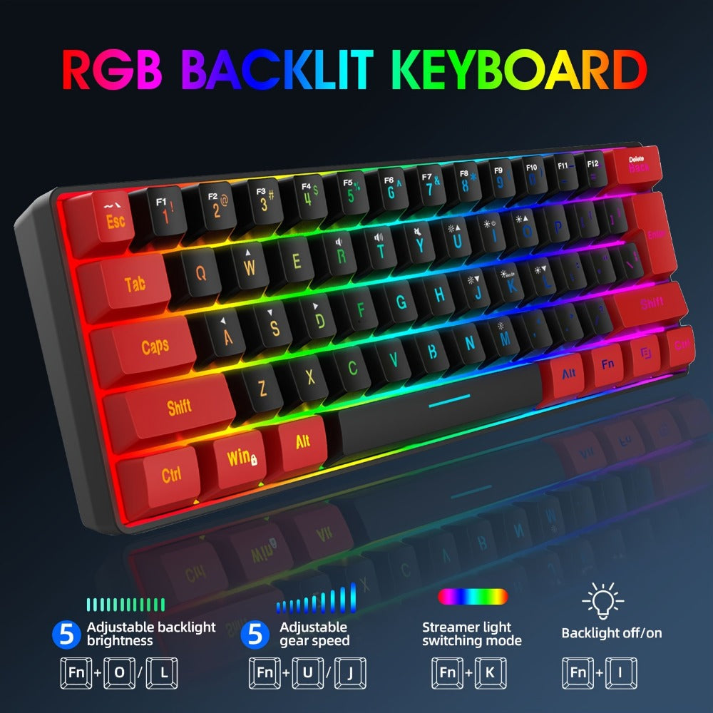 Red-and-Black 61-Key Compact Wired Keyboard with Detachable Cable and Multicolor-Lit Keycaps