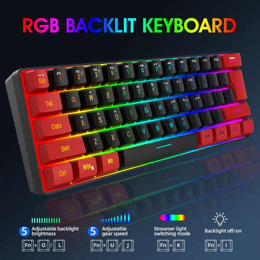 Red-and-Black 61-Key Compact Wired Keyboard with Detachable Cable and Multicolor-Lit Keycaps