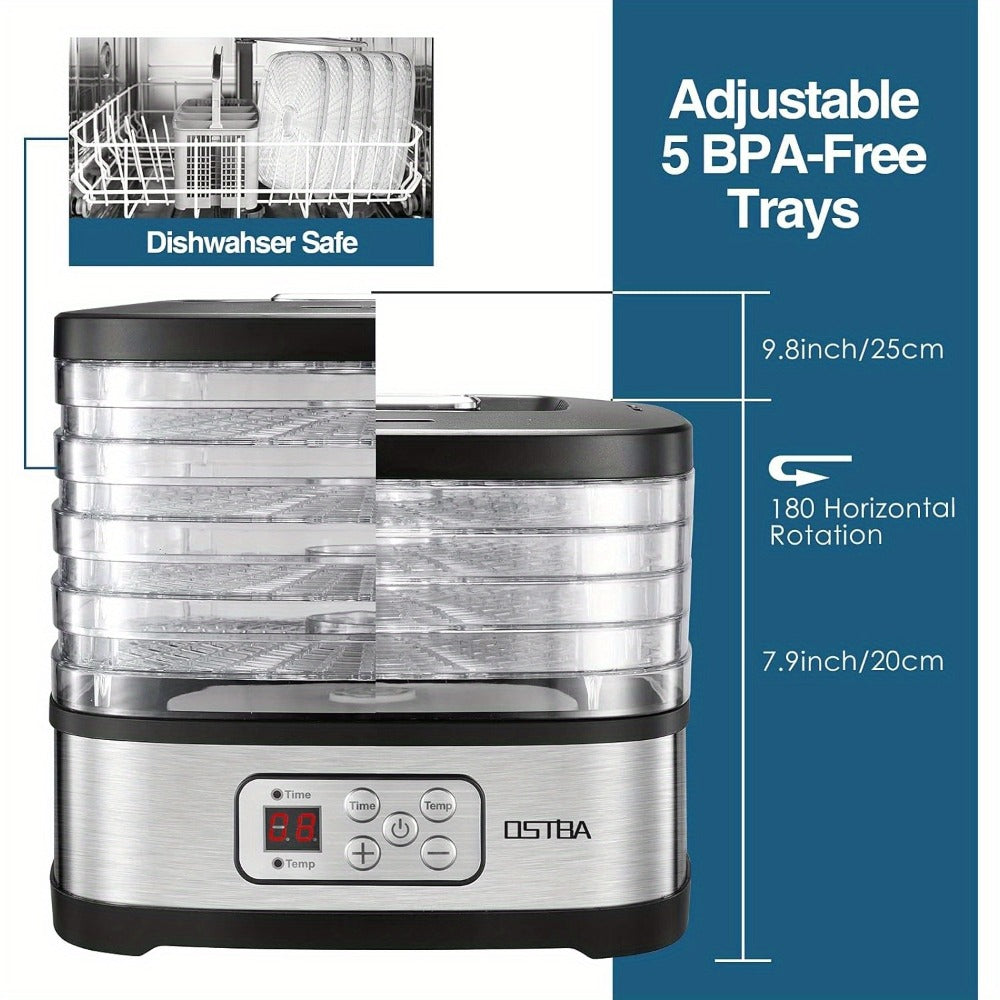 Food Dehydrator Machine 5 Tray 240W LED Digital Touchscreen Adjustable Temperature 95-158F for Entryways, Bedrooms and Living Spaces