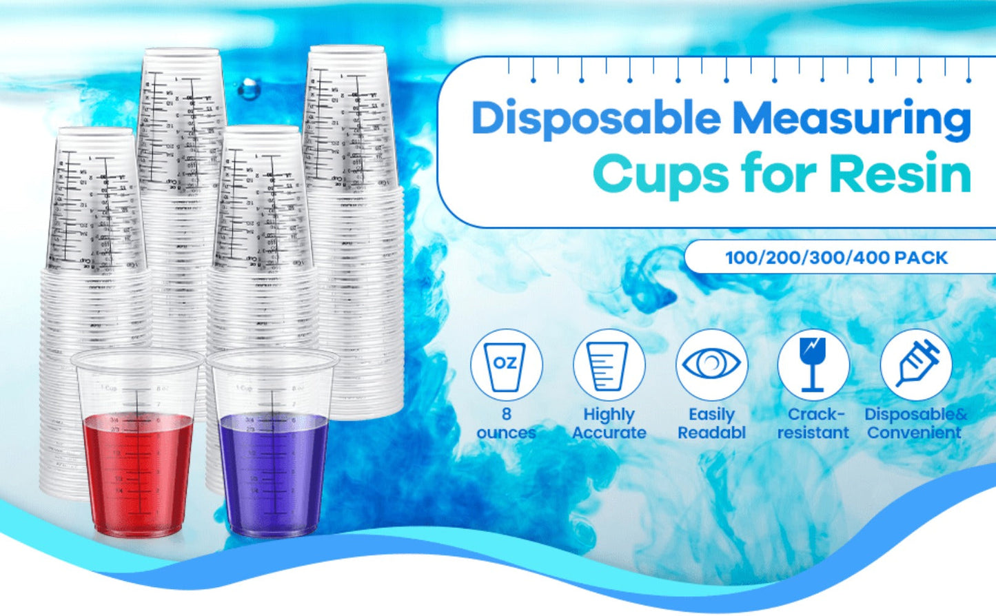 Plastic Measuring Cups with Wooden Sticks 100 Sets Clear Graduated Mixing Cups oz/ml/cc for Resin