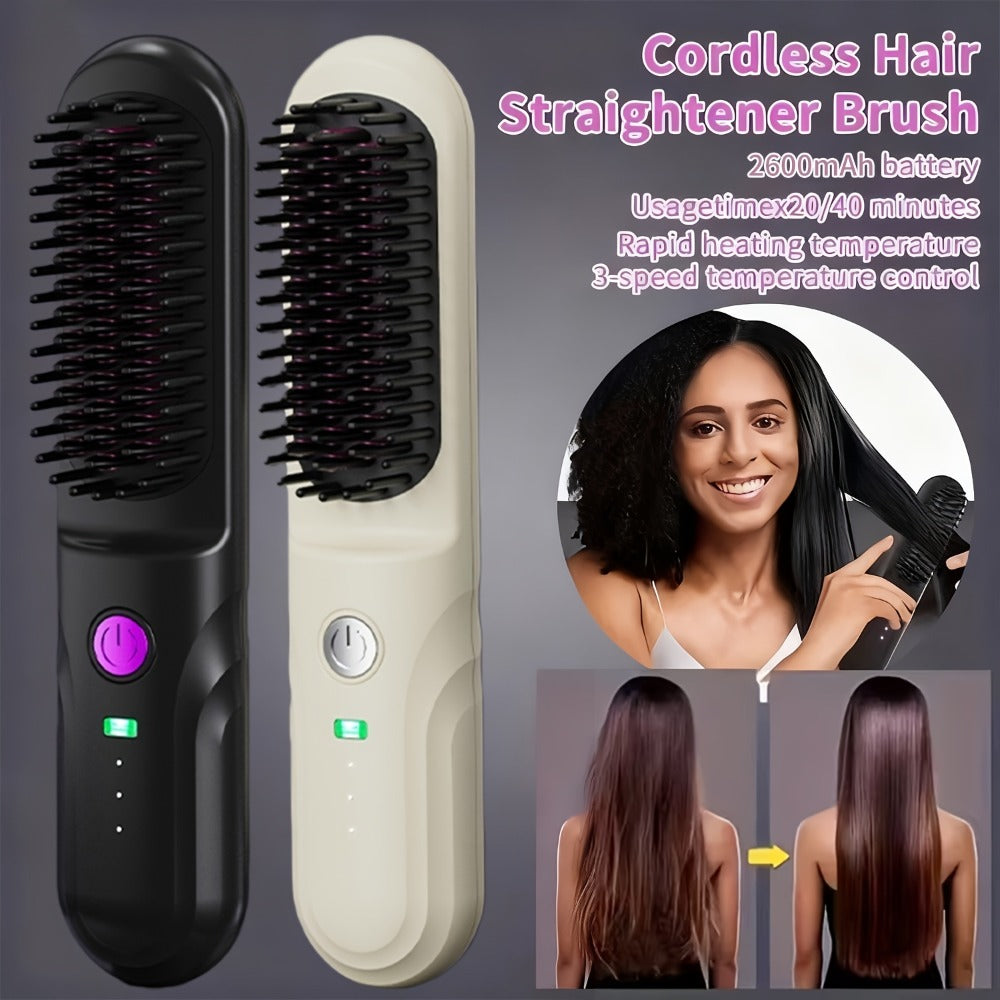 Wireless Hair Straightener Comb - Portable Cordless Straightening Brush with 3-Min Fast Heat, 3 Temp Settings 170-190°C