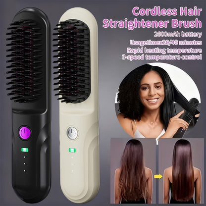 Wireless Hair Straightener Comb - Portable Cordless Straightening Brush with 3-Min Fast Heat, 3 Temp Settings 170-190°C