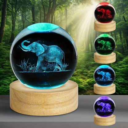 3D Elephant Crystal Ball LED Lamp USB Powered Colorful Night Light Wooden Base Elephant for Entryways, Bedrooms and Living Spaces