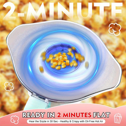 Oil-Free Popcorn Maker Hot Air Popcorn Machine 2-Minute Quick Popping 95% Pop Rate Built-In for Home Cooking, Dining and Outdoor Meals
