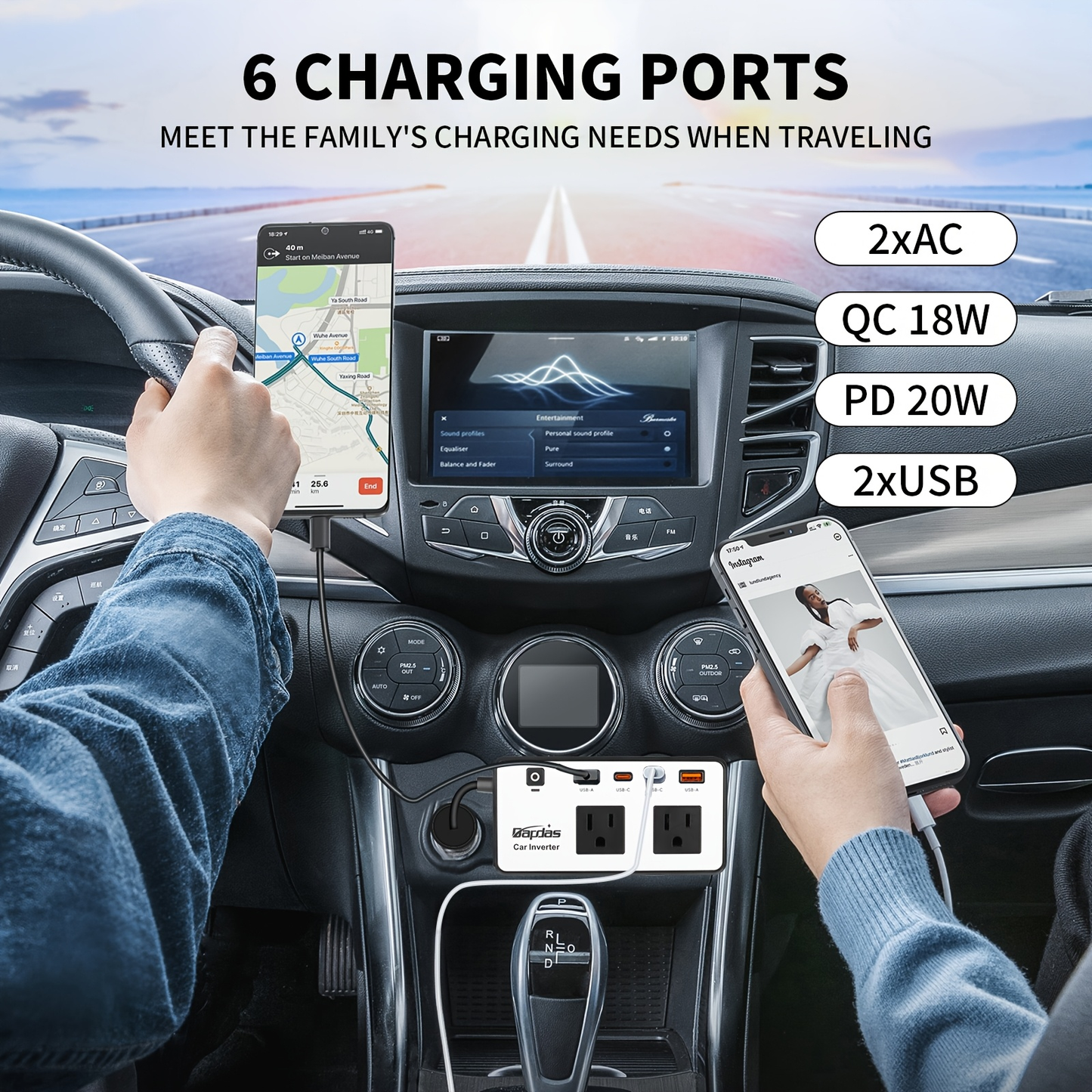 Car Inverter 200W DC 12V to AC 110V with Dual AC Outlets 24W USB-C Fast Charging 4 USB Ports Portable for Garden, Patio and Yard Use