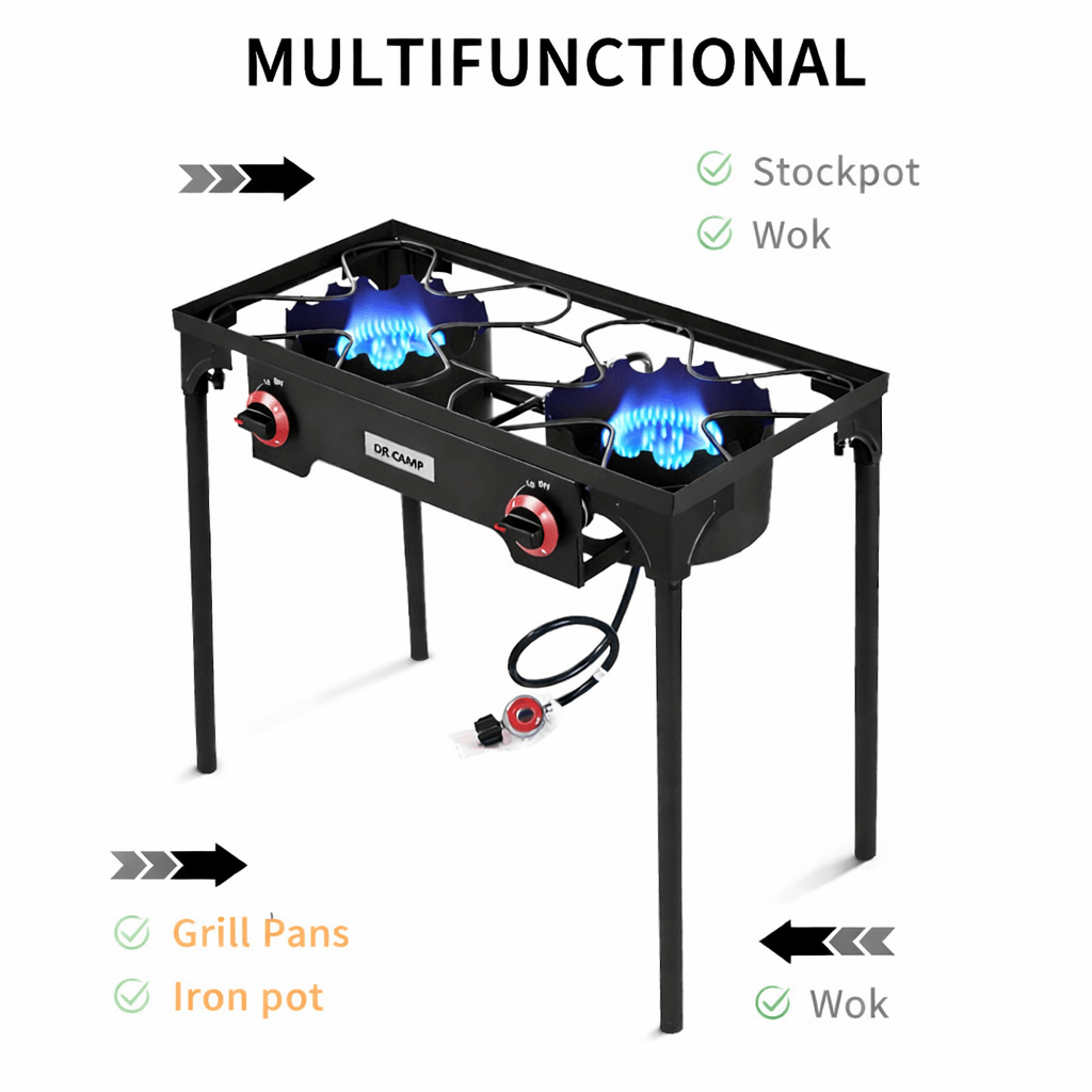 Propane Camping Stove Cast Iron 1, 2 or 3 Burner with Detachable Legs, 20 PSI High-Pressure Regulator