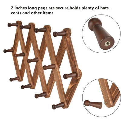 Wall Hat Rack Expandable Wood Accordion Hanger – 13 Hooks for Baseball Caps Coats Scarves Jewelry, Vintage Entryway Hallway Organizer