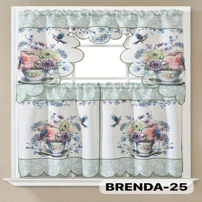 Kitchen Curtains 3 Piece Set Embroidered Satin Valance and Tiers – Rod Pocket Light Filtering Machine Washable 46 Colors