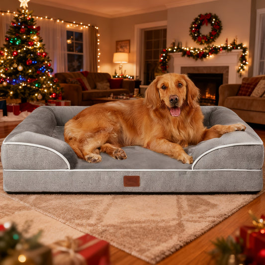 Gray Bolster Dog Bed with Lowered Entry and Removable Machine-Washable Cover in Four Sizes from M to XXL