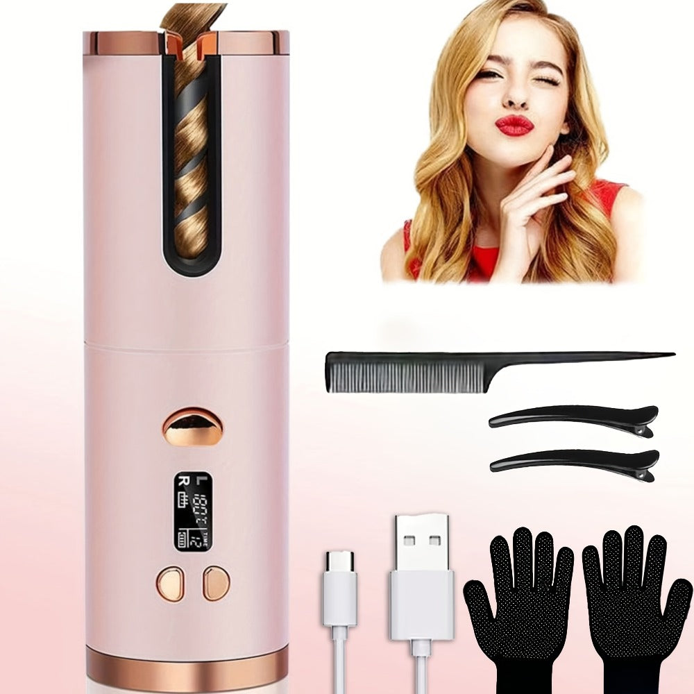 USB-Rechargeable Automatic Curling Chamber with Six Heat Settings, LCD Timer and Four Color Options
