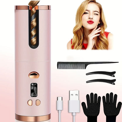 USB-Rechargeable Automatic Curling Chamber with Six Heat Settings, LCD Timer and Four Color Options