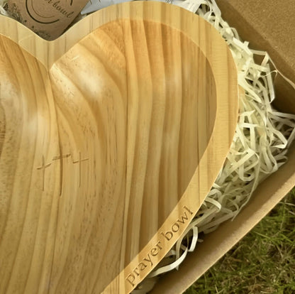 Wooden Prayer Bowl with 24 Prayer Cards – Hand-Carved Heart Shaped Cross Engraved Vintage Religious Gift Set for Easter, Christmas