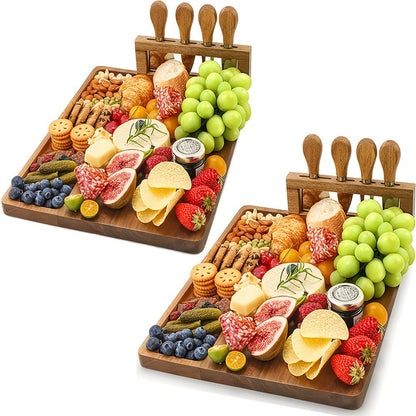 Rectangular 13.78 x 9.76-Inch Charcuterie Board Set with Four Knives in One- or Two-Set Options