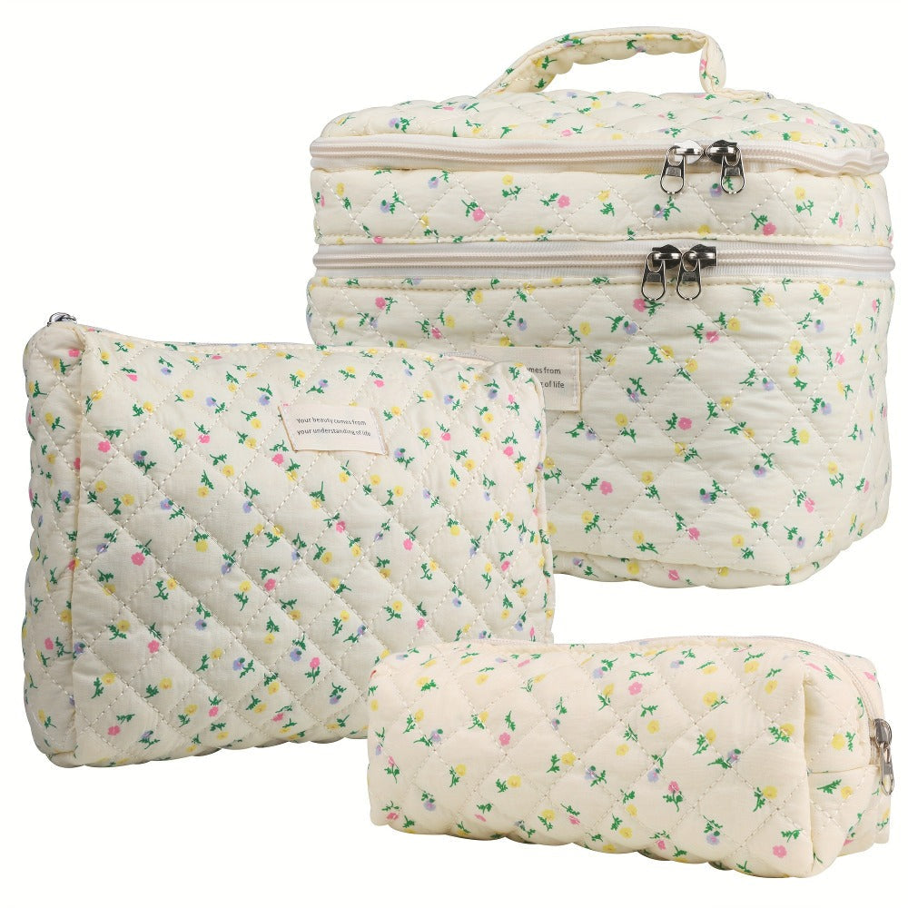 Makeup Bag Three-Piece Quilted Cotton Dual-Layer Floral Pouch Set for Travel, Vanity and Everyday Beauty Storage