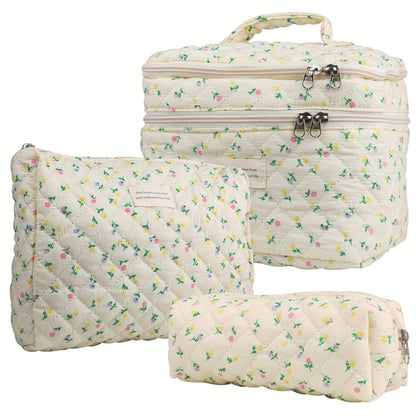 Makeup Bag Three-Piece Quilted Cotton Dual-Layer Floral Pouch Set for Travel, Vanity and Everyday Beauty Storage