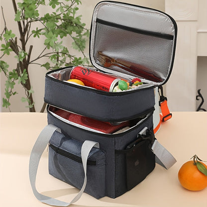 Double-Layer Lunch Bag Tote with Upper and Lower Compartments, Shoulder Strap and Four Colors