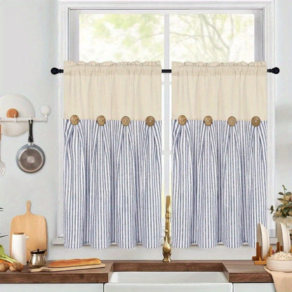 Striped Patchwork Window Curtain Set with Rod-Pocket Top, Six Colors and Five Panel-Count or Size Options
