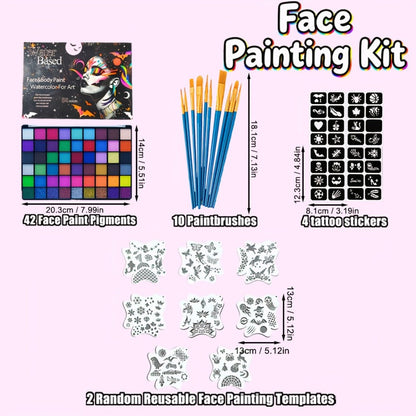 54 Color Face & Body Paint Kit with UV Fluorescent, Matte & Glitter Shades, Pattern Templates, Brushes &